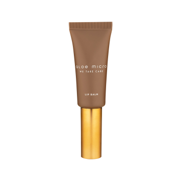 Aloe Micro Lip Balm tube with brown packaging and gold cap, 5ml.