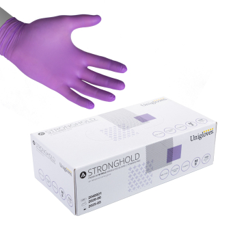 Æske med 100 Unigloves Stronghold Premium Purple nitril handsker