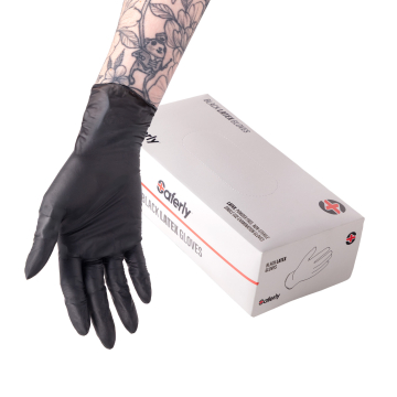 Æske med 100 Saferly latexhandsker i sort - Etui med 10 stk