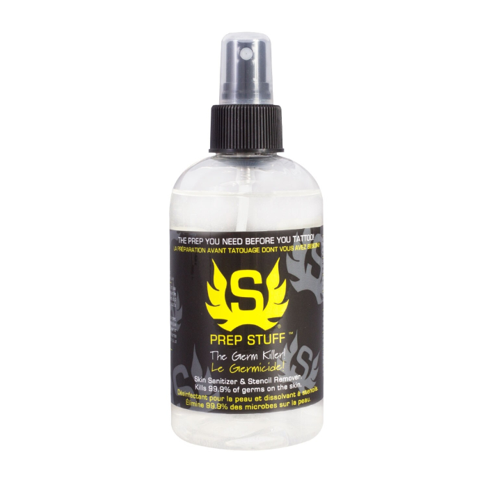 Prep Stuff 240ml spray bottle for skin sanitizing and stencil removal.