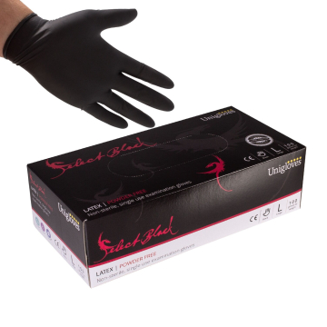 Æske med 100 Unigloves Select Black latex handsker