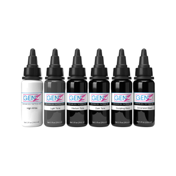 Intenze Ink Gen-Z Bob Tyrrell avancerede sorte og grå sæt 6 x 30 ml