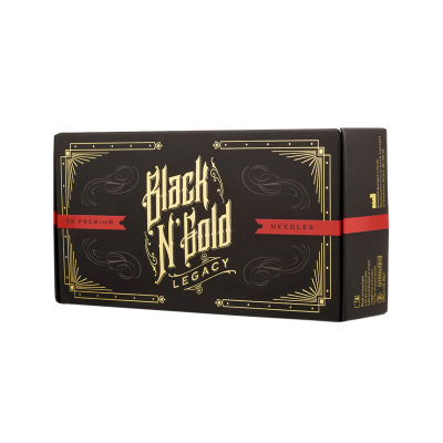 Æske med 50 Black N Gold Legacy Premium tatoveringsnåle - Round Magnum