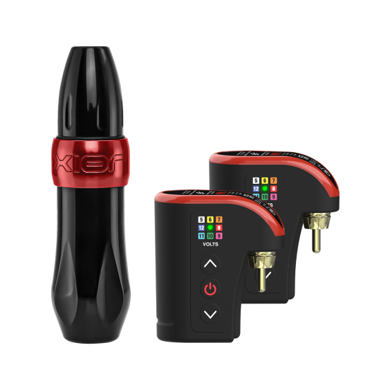 FK Irons Spektra Xion Rotary Maskine i Sort / Rubinrød & Darklab: Lightning Bolt trådløs RCA batteripakke - dobbeltpakke