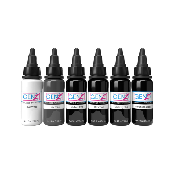 Intenze Ink Gen-Z Bob Tyrrell avancerede sorte og grå sæt 6 x 30 ml