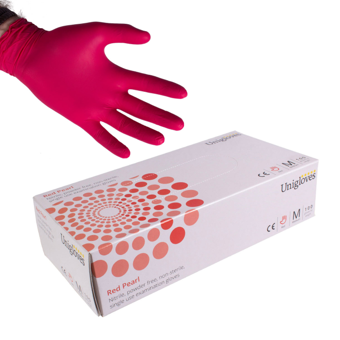 Box of 100 Unigloves Red Pearl nitrile gloves with a gloved hand displayed above.