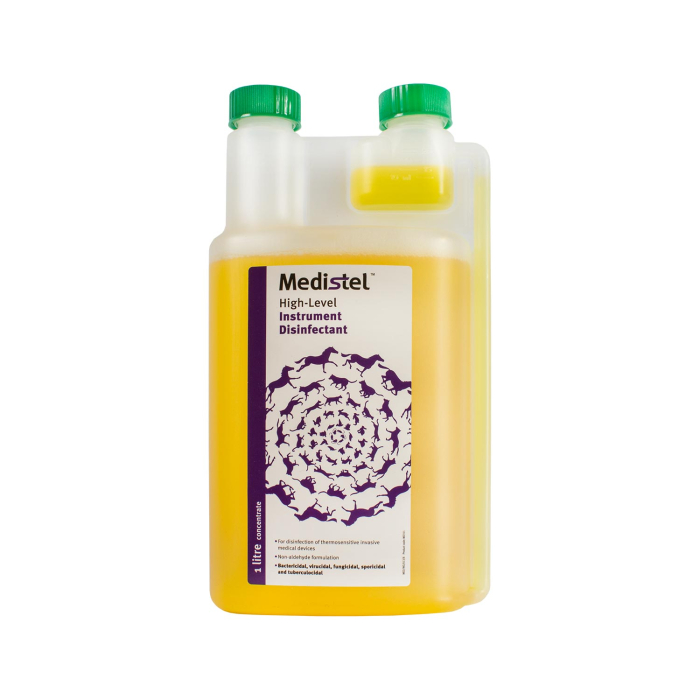 Medistel Instrument Disinfectant 1L yellow liquid bottle for medical device cleaning.