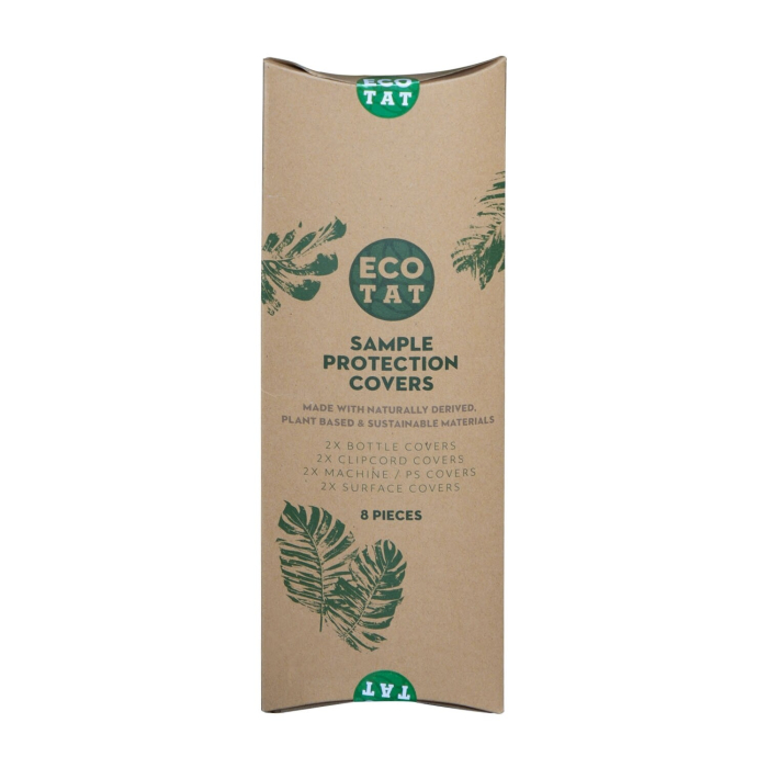Boîte marron étiquetée “Pack d’échantillons de protections pour matériel ECOTAT”, avec des impressions de feuilles vertes. Contient 8 pièces : 2 couvertures de bouteille, 2 couvertures de clipcord, 2 couvertures de machine/PS et 2 couvertures de surface.