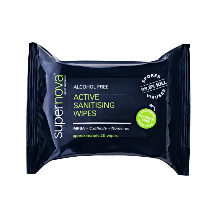 Un paquet de Lingettes désinfectantes actives Supernova (19 x 18,5 cm), sans alcool, dans un emballage noir, prétend éliminer 99,9 % des spores et des virus, contient environ 25 lingettes et convient contre le SARM, Clostridium difficile et le norovirus.