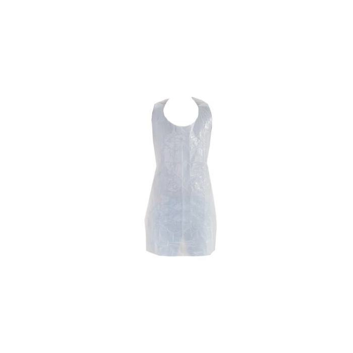 Le pack de 100 tabliers jetables - blanc contient des tabliers en plastique translucide à passant de cou, ouverts sur les côtés, conçus pour protéger vos vêtements lors de la cuisine ou du ménage.
