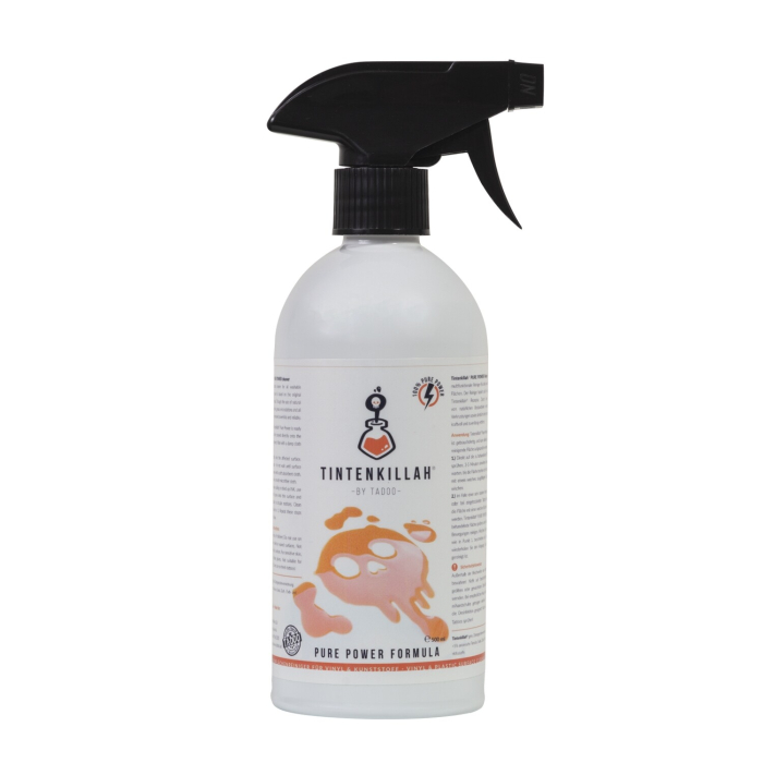 Un flacon pulvérisateur blanc de 500 ml, étiqueté Tintenkillah Pure Power Cleaner, comporte une buse à gâchette noire, un dessin de calmar coloré et des icônes avec du texte sur le devant.